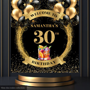 Elegant 30th Birthday Black Gold Glitter Backdrop