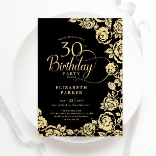 Elegant 30th Birthday Black Gold Roses Invitation