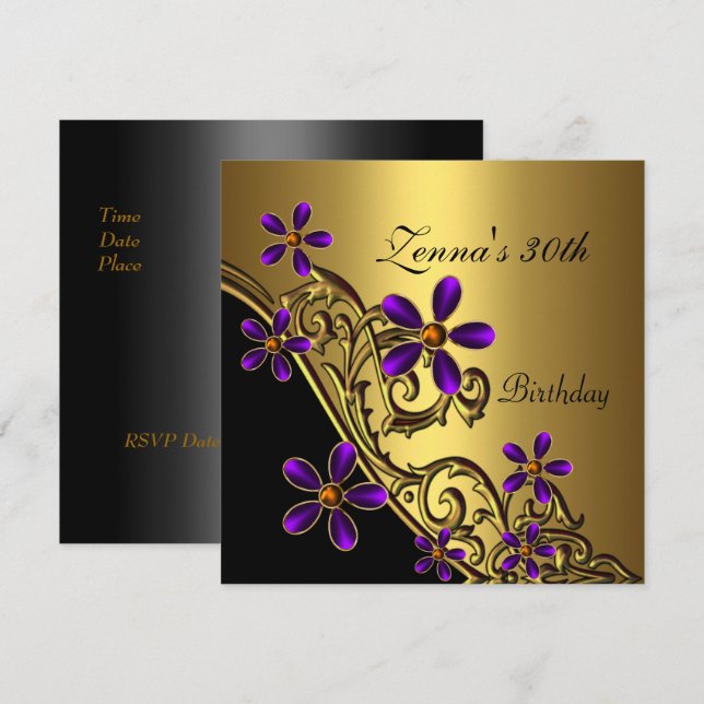 Elegant 30th Birthday Black Purple Gold Floral Invitation (Front/Back)