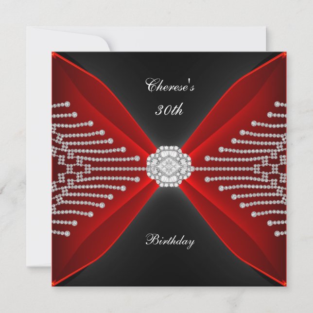 Elegant 30th Birthday Black Rich Red Diamond Invitation (Front)