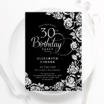 Elegant 30th Birthday Black Silver Roses Invitation<br><div class="desc">Black silver floral 30th birthday party invitation. Elegant design featuring roses,  faux silver foil and typography script font. Trendy invite card perfect for a stylish female bday celebration. Can be customized to any age. Personalize with your own details. Printed Zazzle invitations or instant download digital printable template.</div>