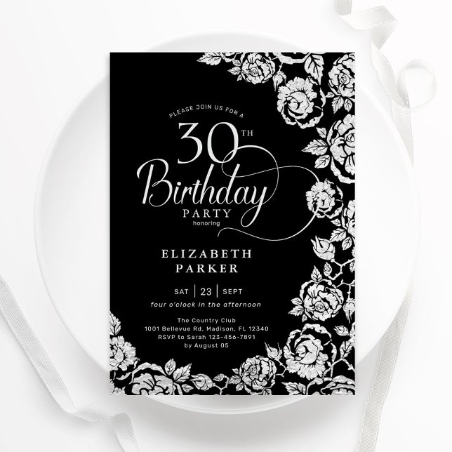 Elegant 30th Birthday Black Silver Roses Invitation (Creator Uploaded)