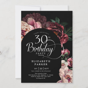 Elegant 30th Birthday Burgundy Pink Peonies Invitation