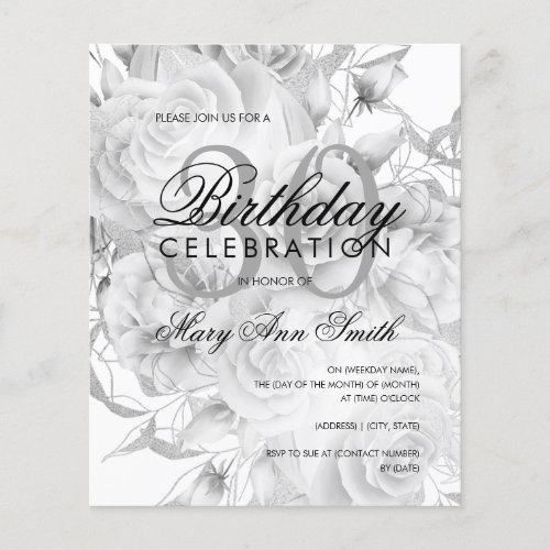 Elegant 30th Birthday Floral Silver White Invite