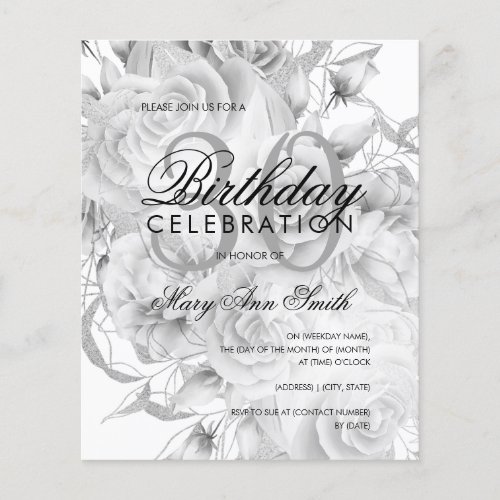 Elegant 30th Birthday Floral Silver White Invite Flyer