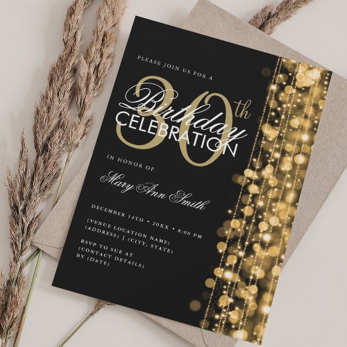 Elegant 30th Birthday Glam Sparkles Gold  Black Invitation