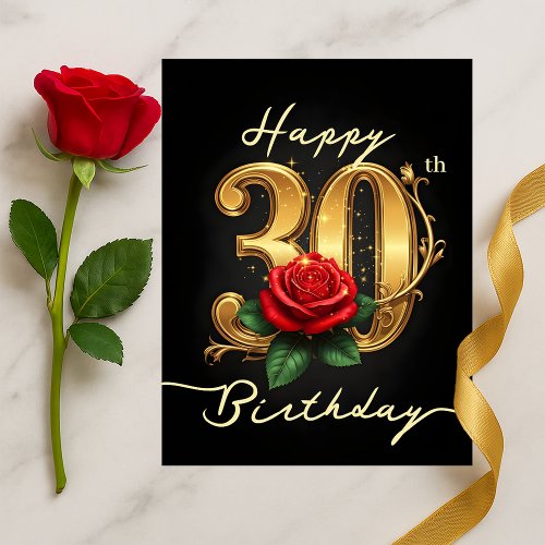 Elegant 30th Birthday Gold Script Red Floral