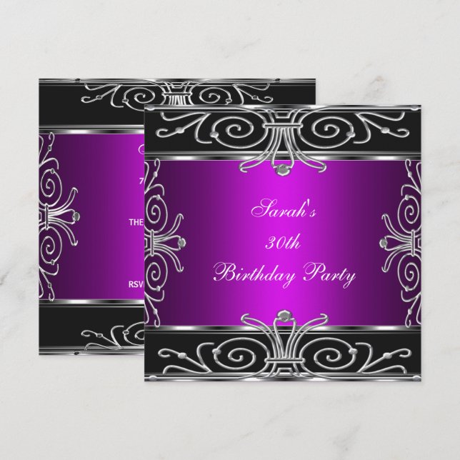 Elegant 30th Birthday Magenta Black Silver Invitation (Front/Back)