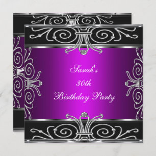 Elegant 30th Birthday Magenta Black Silver Invitation