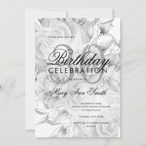 Elegant 30th Birthday Party Floral Silver White Invitation