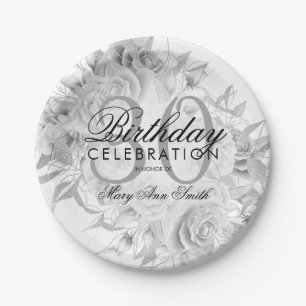 Elegant 30th Birthday Party Floral Silver White Paper Plates