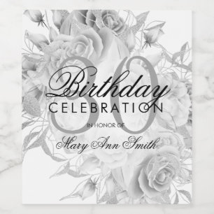 Elegant 30th Birthday Party Floral Silver White Wine Label