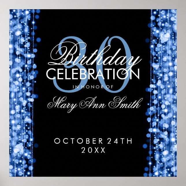 Elegant 30th Birthday Party Sparkles Blue Poster (Front)