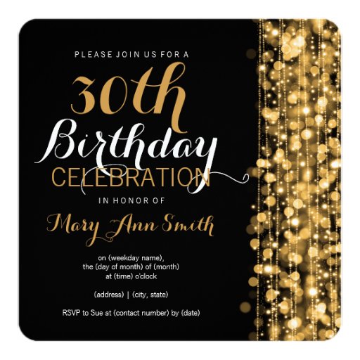 Elegant 30th Birthday Party Sparkles Gold Card | Zazzle