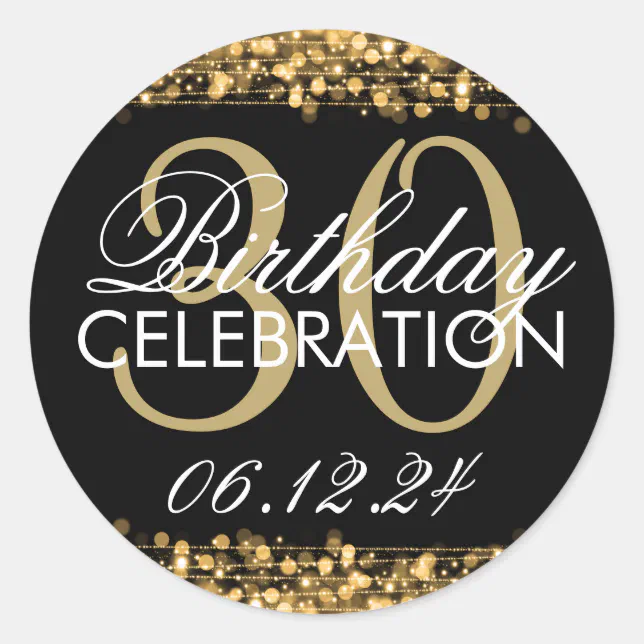 30th Sticker Elegant 30th Birthday Party Sparkles Gold Classic Round Sticker | Zazzle