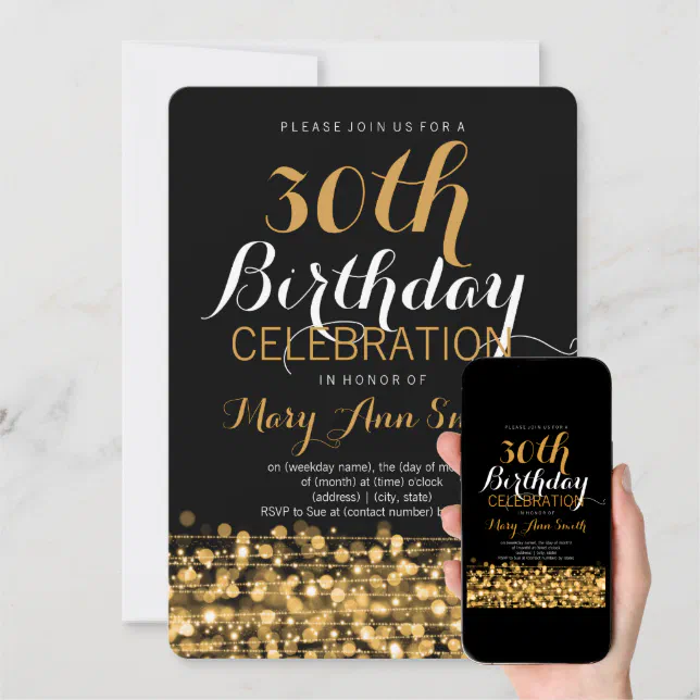 Elegant 30th Birthday Party Sparkles Gold Invitation | Zazzle
