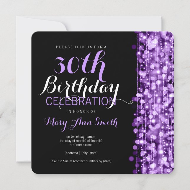 Elegant 30th Birthday Party Sparkles Purple Invitation (Front)