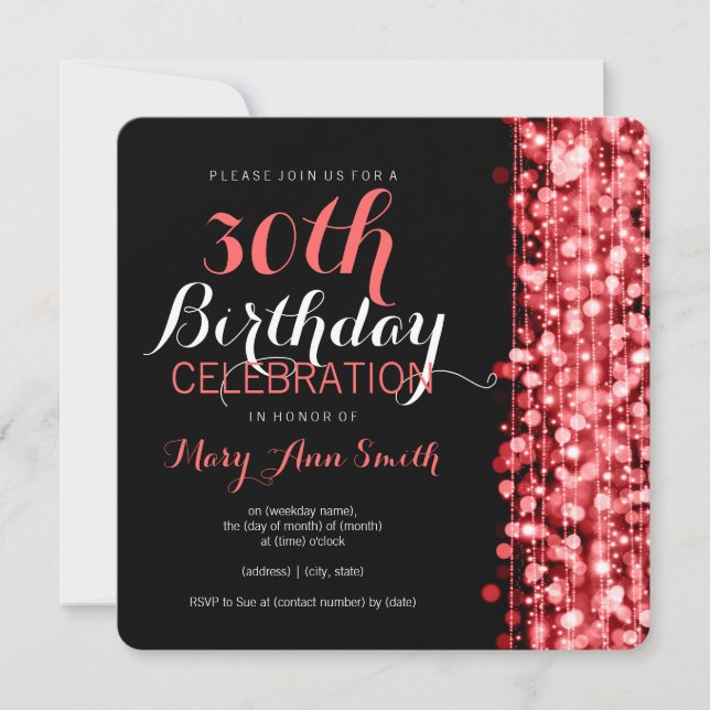 Elegant 30th Birthday Party Sparkles Red Invitation (Front)