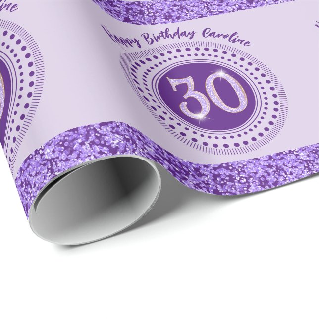 Elegant 30th Birthday Purple Glitter with Stripes Wrapping Paper (Roll Corner)