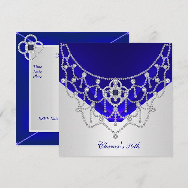 Elegant 30th Birthday Rich Royal Blue Silver White Invitation (Front/Back)