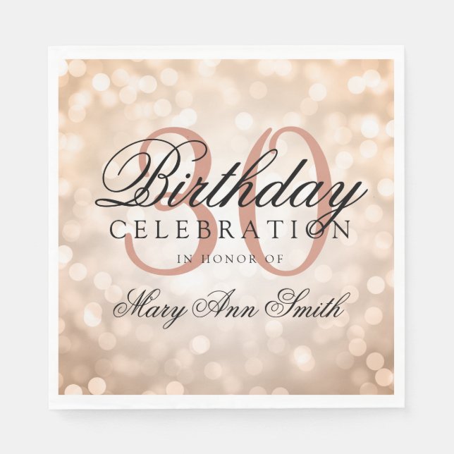 Elegant 30th Birthday Rose Gold Glitter Lights Napkins (Front)