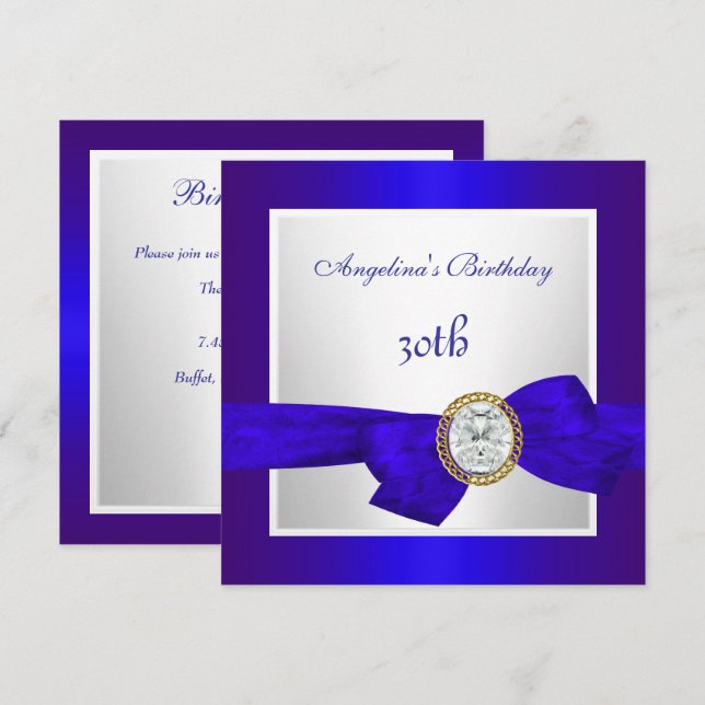Elegant 30th Birthday Royal Blue White Diamond Invitation (Front/Back)