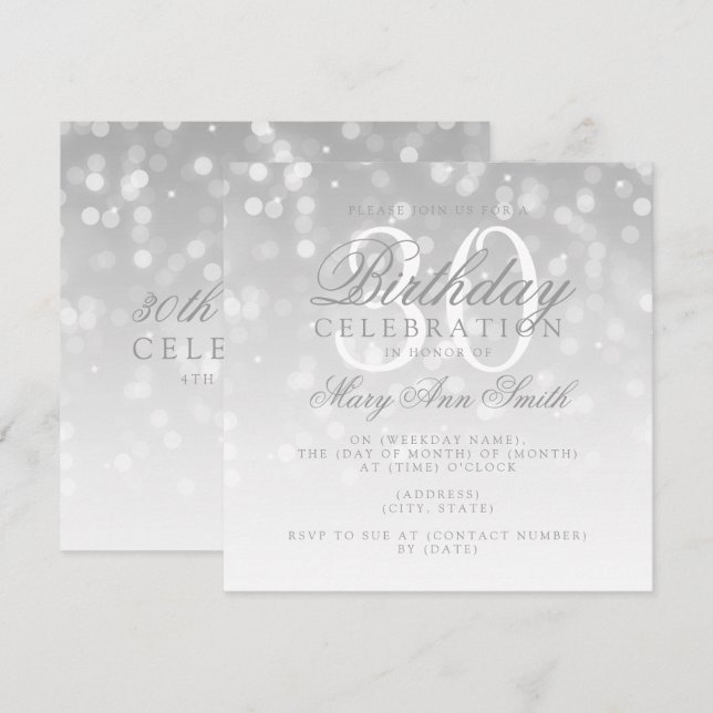 Elegant 30th Birthday Silver Bokeh Sparkle Lights Invitation (Front/Back)