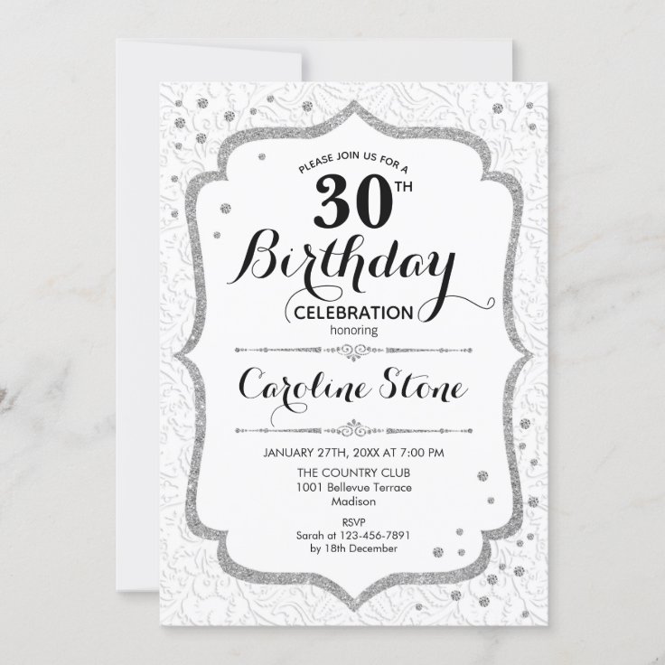 Elegant 30th Birthday - Silver White Invitation | Zazzle