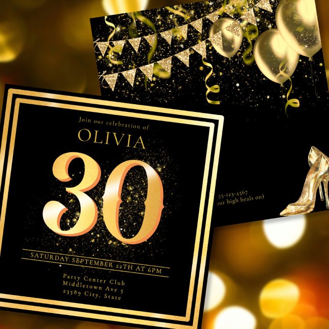 Elegant 30th Gold Black Birthday Invitation (Creator Uploaded)