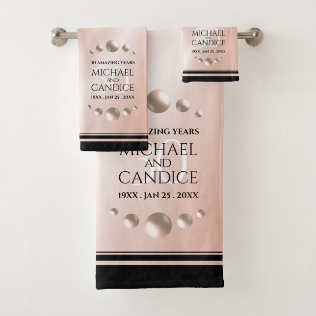Elegant 30th Pearl Wedding Anniversary Celebration Bath Towel Set (Insitu)