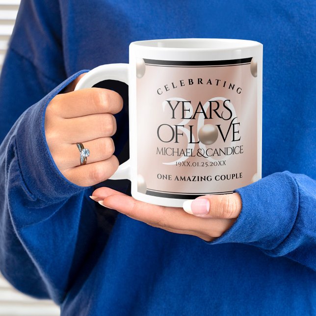 Elegant 30th Pearl Wedding Anniversary Celebration Giant Coffee Mug (30thth wedding anniversary jumbo mug held by woman sporting a wedding ring and blue sweatshirt.)