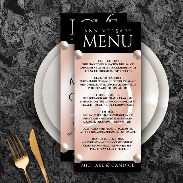 Elegant 30th Pearl Wedding Anniversary Celebration Menu (Elegant 30th Pearl Wedding Anniversary Menu Rack Card Cover Photo.)