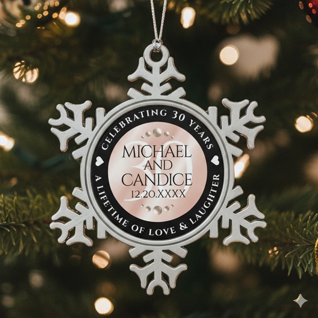 Elegant 30th Pearl Wedding Anniversary Celebration Snowflake Pewter Christmas Ornament (30th Pearl Wedding Anniversary Snowflake Pewter Ornament Cover Photo)
