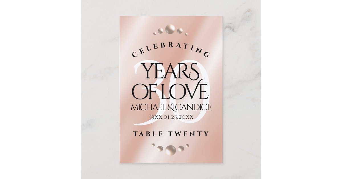 Elegant 30th Pearl Wedding Anniversary Table Card | Zazzle