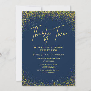 Elegant 32nd birthday invitation Navy Gold Glitter