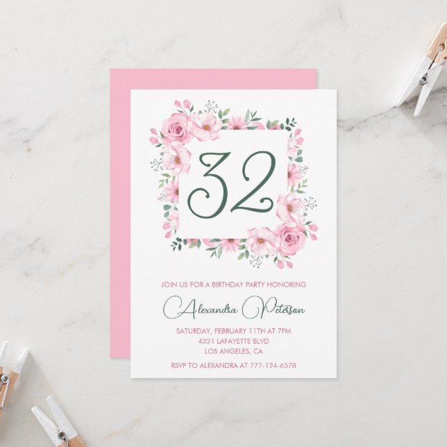 Elegant 32nd birthday invitations Floral Pink  (Front/Back In Situ)