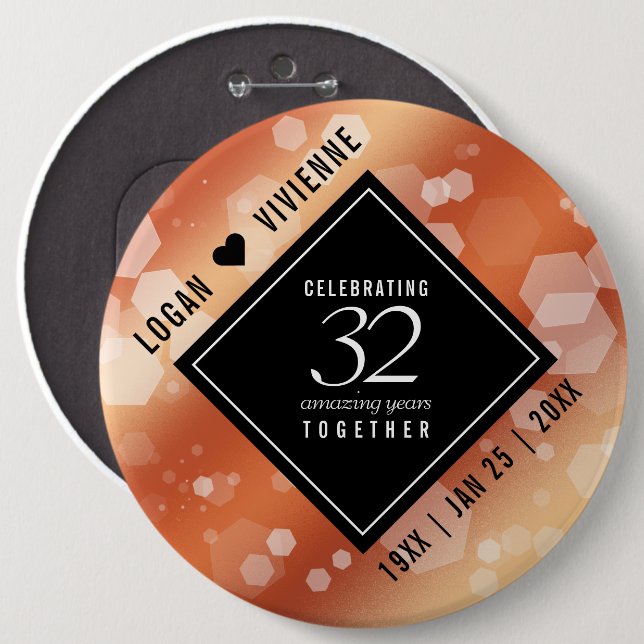 Elegant 32nd Bronze Wedding Anniversary Button (Front & Back)