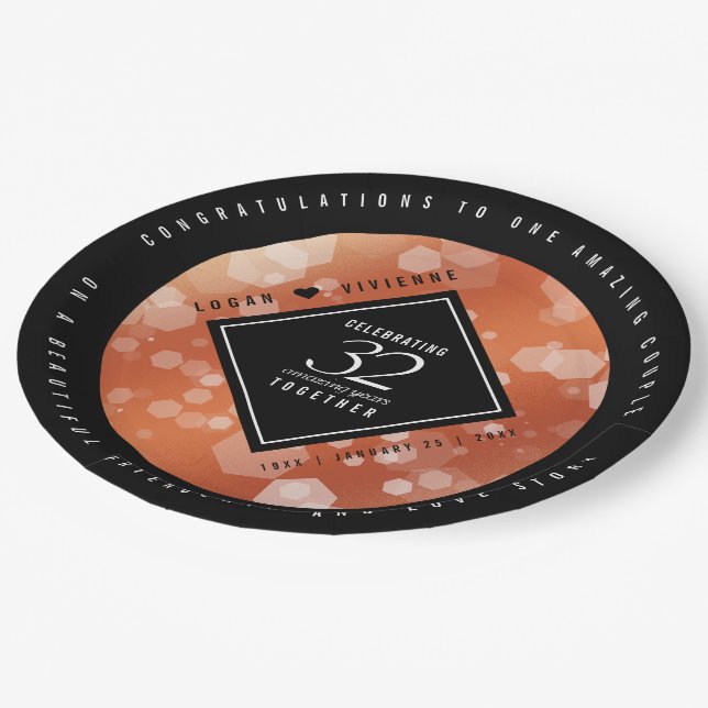 Elegant 32nd Bronze Wedding Anniversary Paper Plates (Angled)