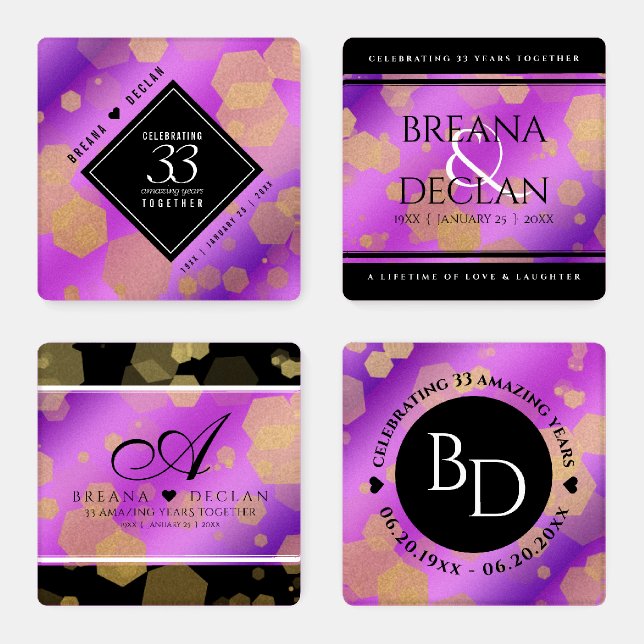 Elegant 33rd Amethyst Wedding Anniversary Coaster Set (Set)