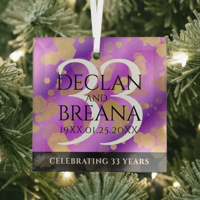 Elegant 33rd Amethyst Wedding Anniversary Glass Ornament (Insitu)