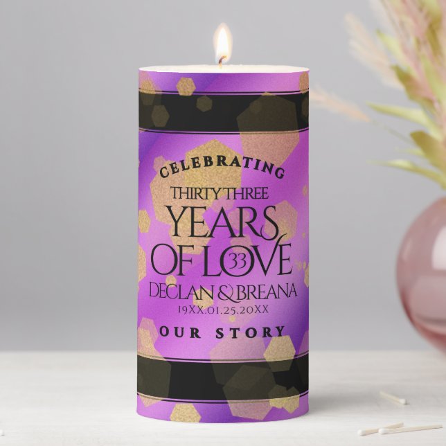 Elegant 33rd Amethyst Wedding Anniversary Pillar Candle (In Situ)