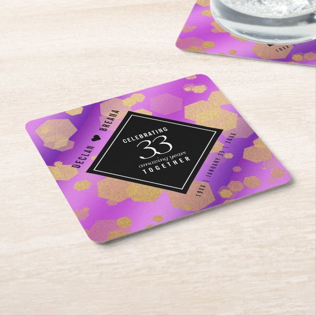 Elegant 33rd Amethyst Wedding Anniversary Square Paper Coaster (Angled)