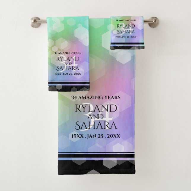 Elegant 34th Opal Wedding Anniversary Celebration Bath Towel Set (Insitu)