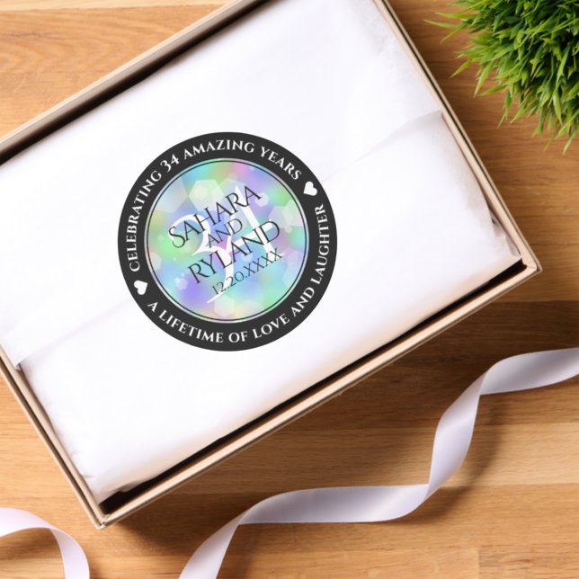 Elegant 34th Opal Wedding Anniversary Celebration Classic Round Sticker (Tissue Paper)