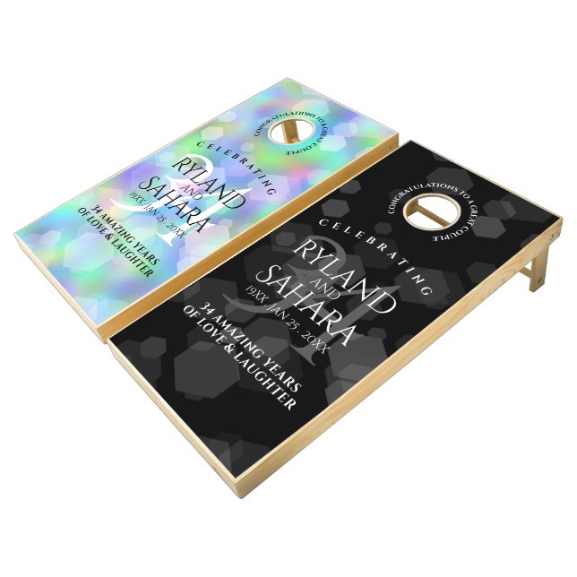 Elegant 34th Opal Wedding Anniversary Celebration Cornhole Set (Angled)