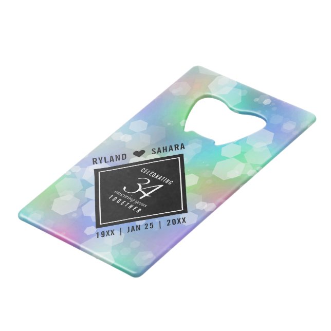 Elegant 34th Opal Wedding Anniversary Celebration Credit Card Bottle Opener (Front Angled)