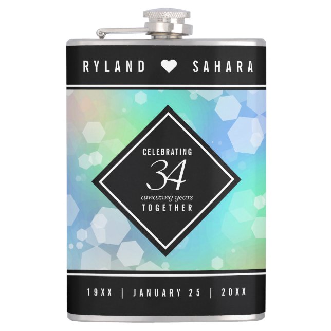 Elegant 34th Opal Wedding Anniversary Celebration Flask (Front)