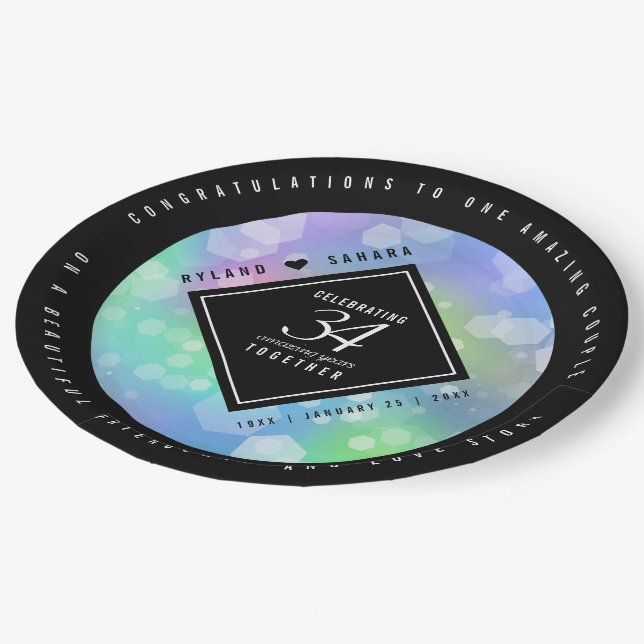 Elegant 34th Opal Wedding Anniversary Celebration Paper Plates (Angled)