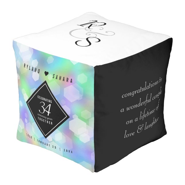 Elegant 34th Opal Wedding Anniversary Celebration Pouf (Angled Front)