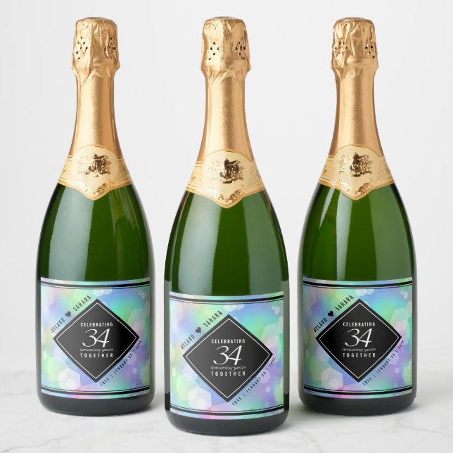 Elegant 34th Opal Wedding Anniversary Celebration Sparkling Wine Label (Bottles)